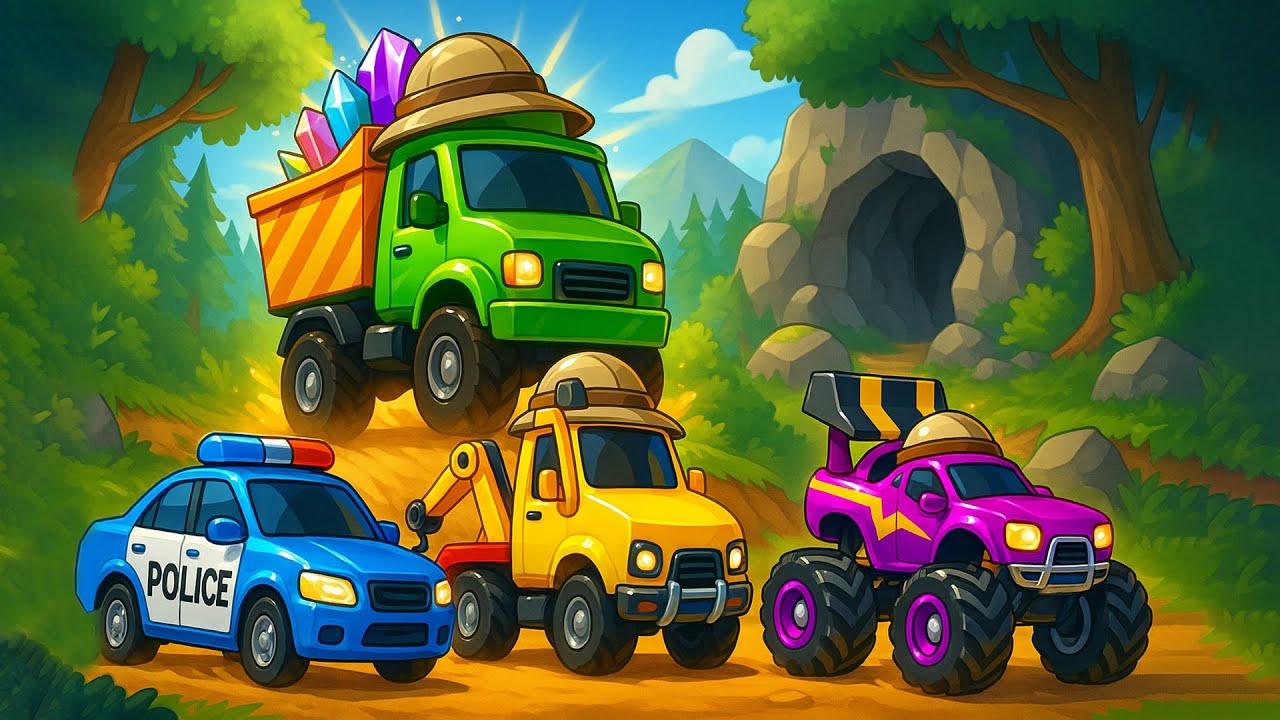 Vehicles Team Adventure: Exploring and Mining Gem Caves! 💎🚓🚜 | Funny Vehicles Animation