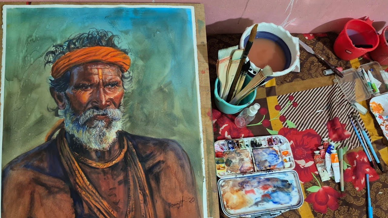 Watercolor Portrait painting using the wet - on - wet technique     