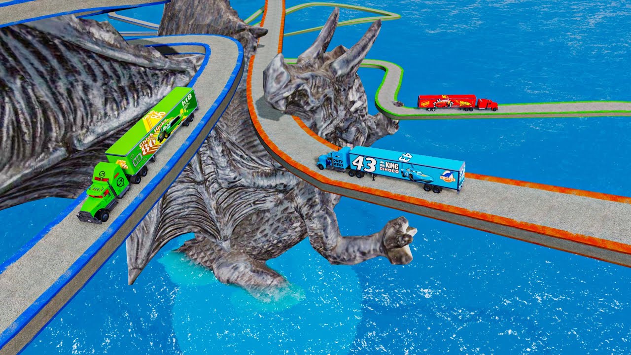 Mack Truck vs King Dinoco Truck vs Chick Hicks Truck vs Impossible Spiral Bridge  - BeamNG.Drive