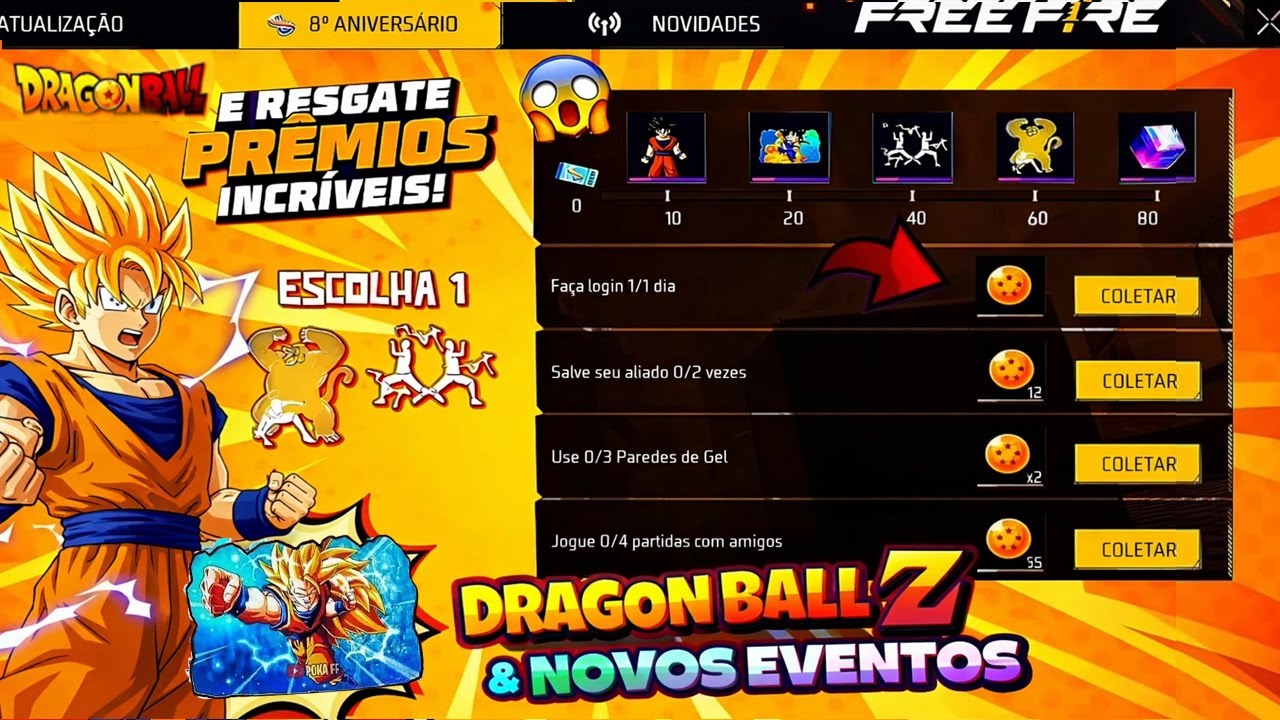 FINALMENTE!! PARCERIA COM DRAGON BALL? PEGUE A SKIN GRÁTIS, TROCA NICK, FRAGMENTOS? - FREE FIRE