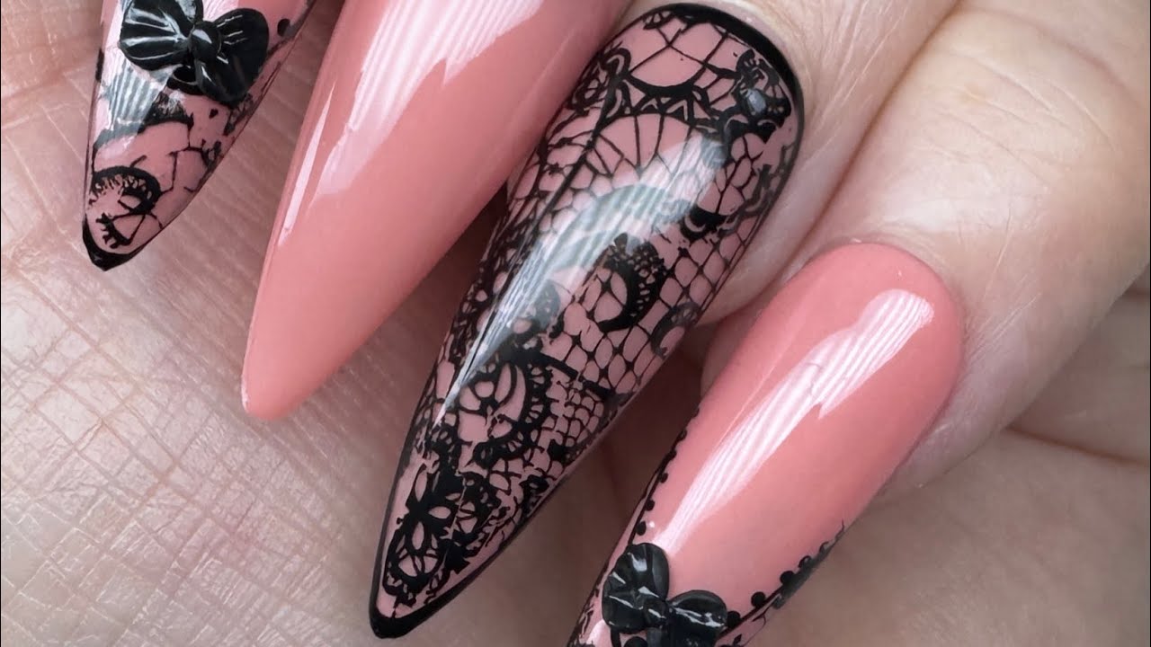 Black Lace Nails with Bows 