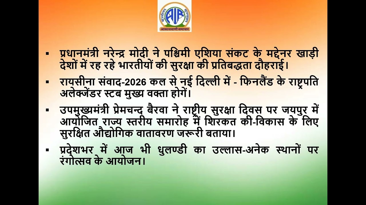 Regional News Bulletin, All India Radio, Jaipur Hindi Bulletin Date 04-03-2026 Time 18-30