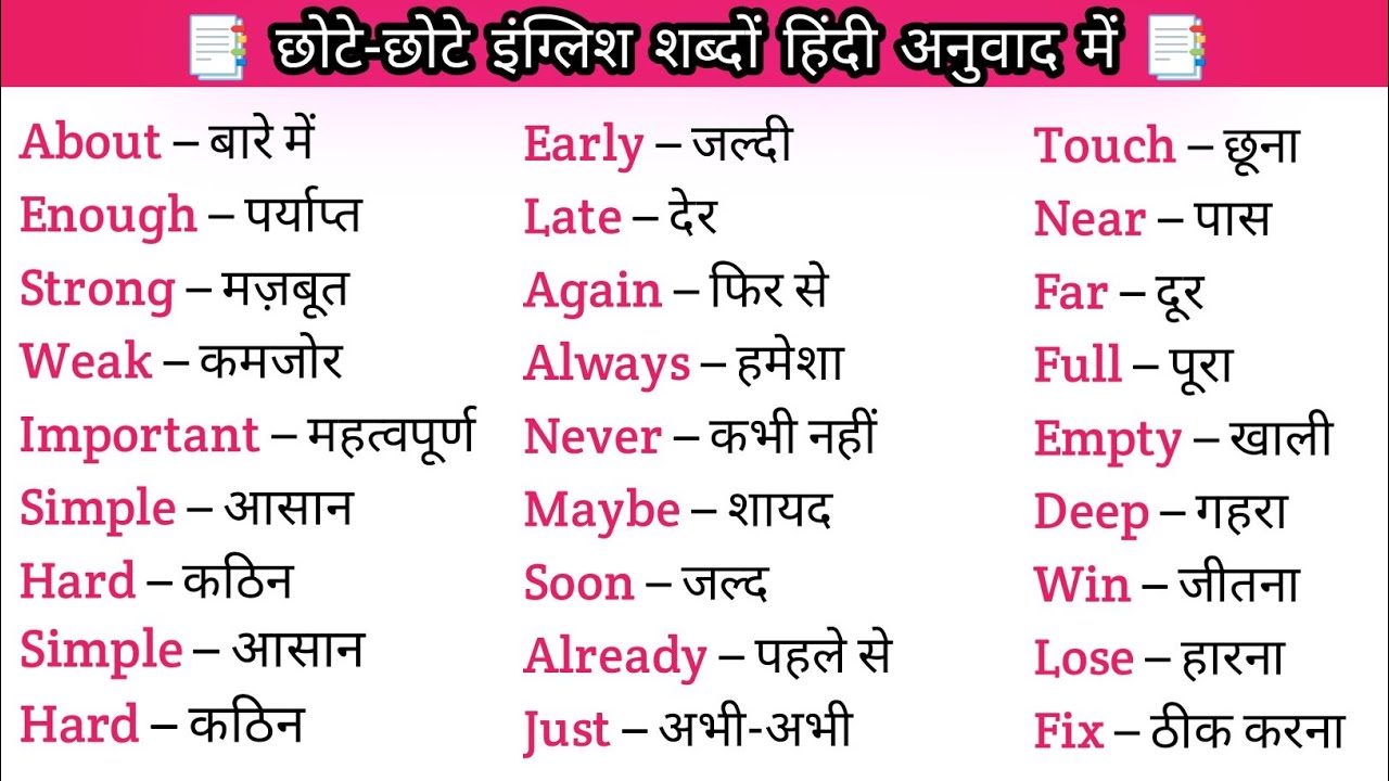 सबसे ज्यादा उपयोग होने वाले इंग्लिश शब्दों हिंदी अनुवाद में। Most common english words 📑
