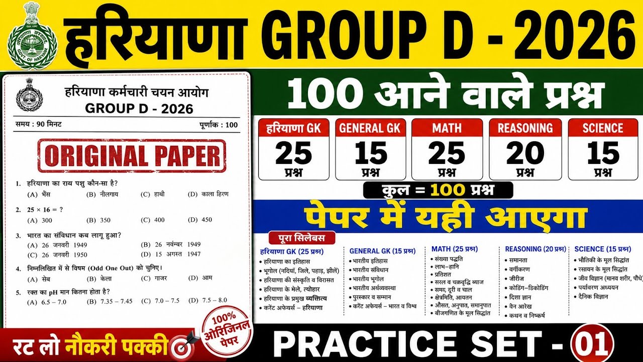 Haryana Group D 2026 | 100 Most Important Questions | Practice Set 01| Hssc Previous Year Question 