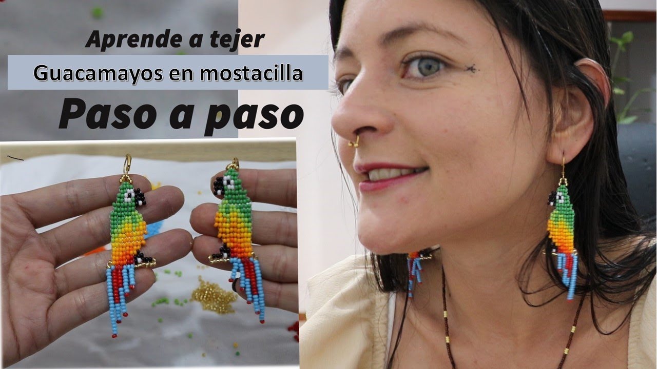 Aritos diseño guacamayas en mostacilla (chaquira checa) Aniara Sanarte