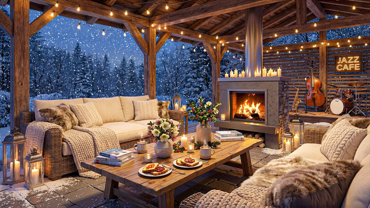 Cozy Winter Fireplace Jazz Ambience ❄️ Soothing Winter Jazz Music, Soft Snowfall for Relax, Sleep