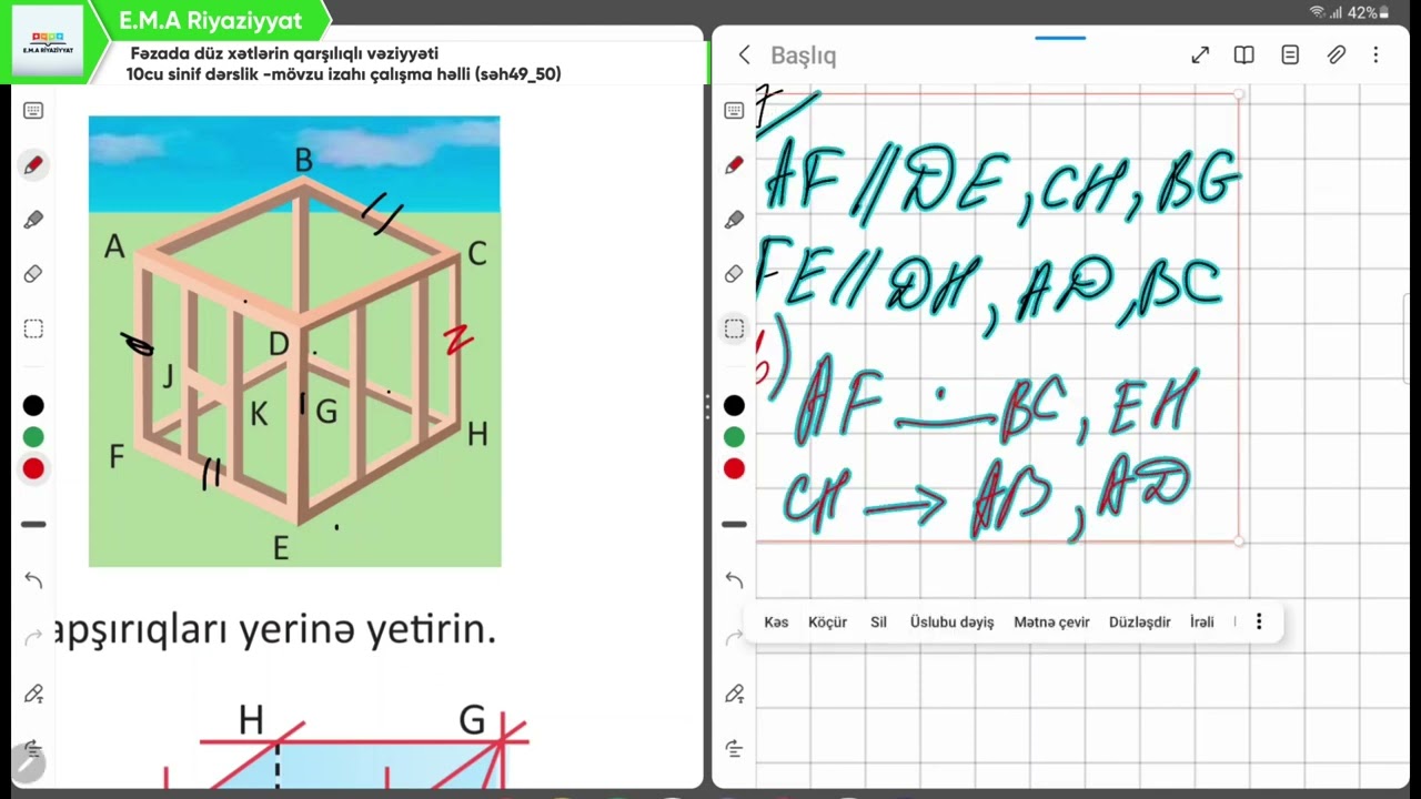 Fəzada düz xəttlərin qarşılıqlı vəziyyəti. 10-cu sinif dərslik mövzu uzahı çalışma həlli (səh 49-50)