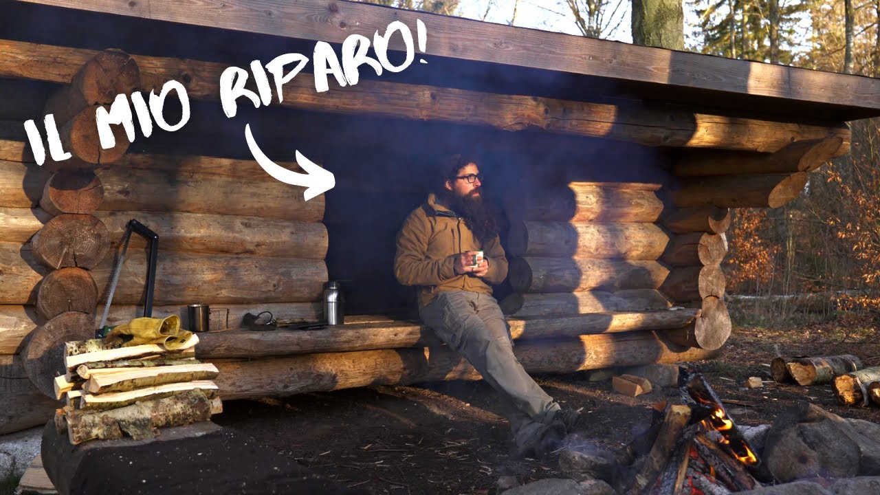 NOTTE nel Bosco nel RIFUGIO di TRONCHI, Fuoco, Betulle, Spacco Legna e Wurstel Danesi - Asmr