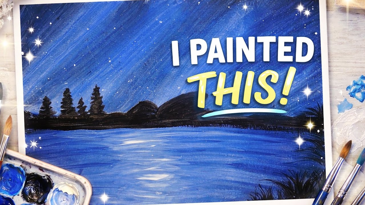 I Painted a Peaceful Night Lake 🌌 | Easy Acrylic Painting
