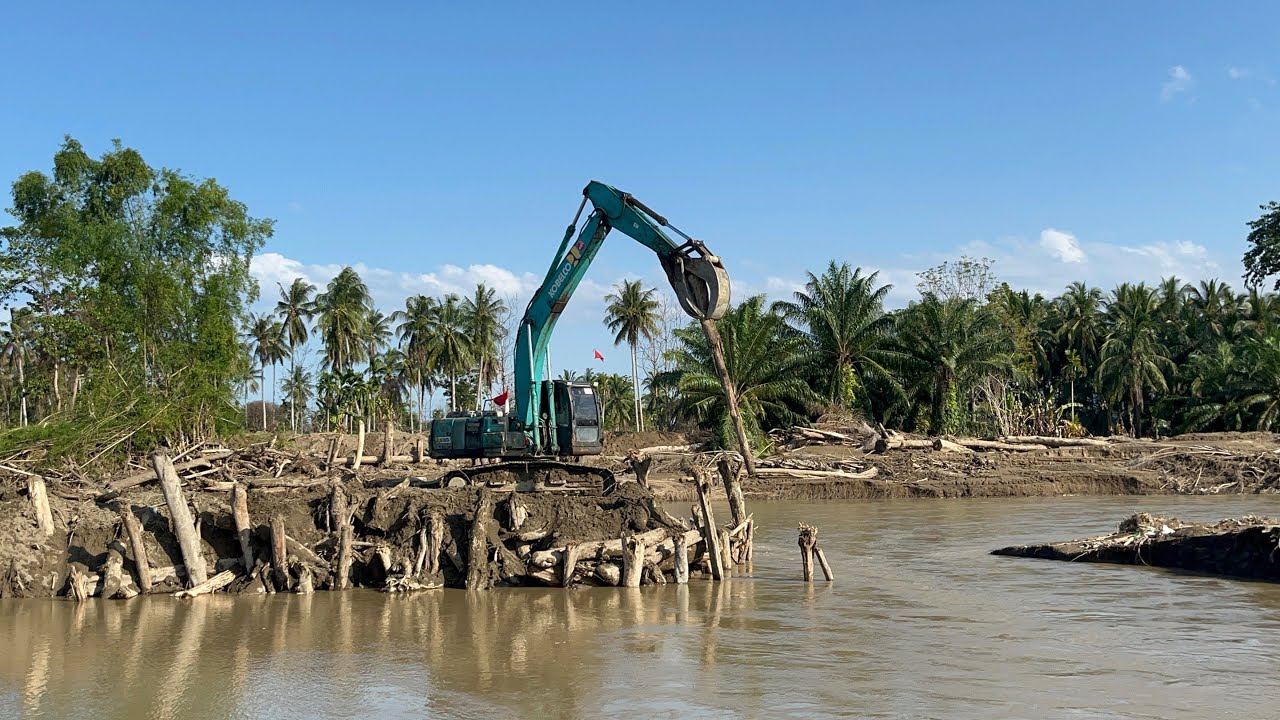 Seconds of Excavators Set Up Stakes to Resist the River from Breaking Due to Floods EmergencyProject