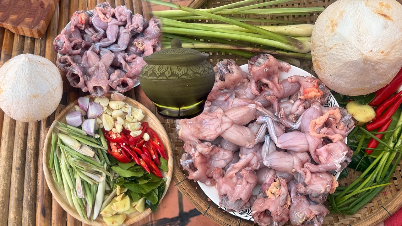 កង្កែបអប់ទឹកដូងធម្មជាតិ ឆ្ញាញ់ខ្លាំង l Frog Steamed with Coconut Water in Clay Pot | Khmer Cooking