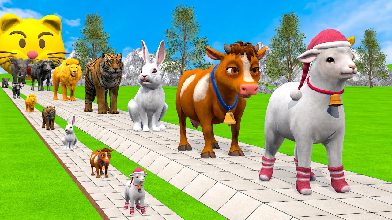 Long Slide Game With Cow Elephant Gorilla Hippopotamus Tiger - 3d Animal Game - Funny 3d Animals