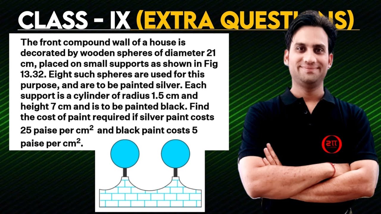 The front compound wall of a house is decorated by wooden spheres of diameter 21 cm, placed on