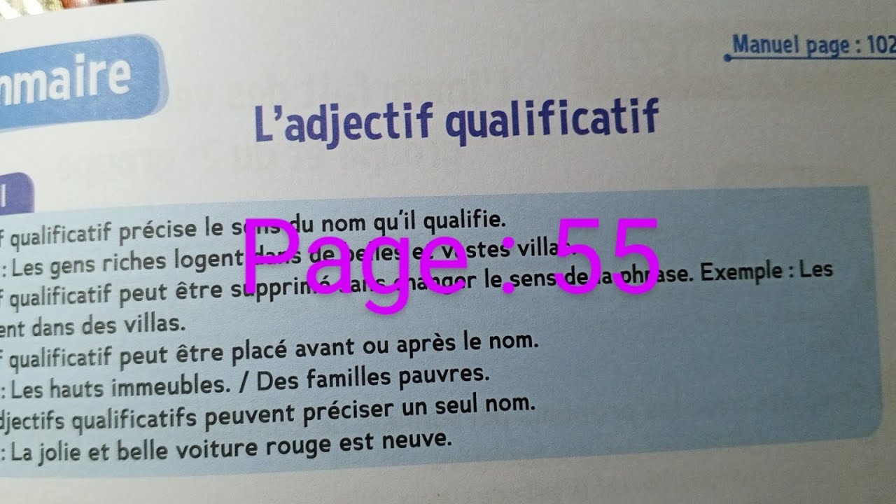 CE2 : Grammaire : L' adjectif qualificatif page 55 cahier d' activités.Le trésor des mots.