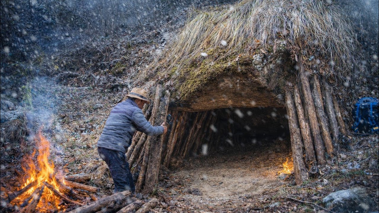 I Built a Primitive Survival Shelter in the wild Bushcraft Camping in Extreme Cold 