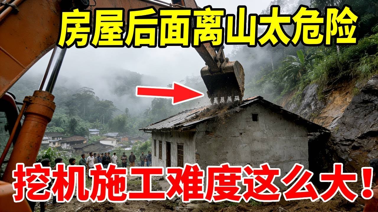 房屋后面离山太近了，但心下大雨垮下来，没想到这么难施工，最后勉强挖好#挖机视角 #房屋后面清理