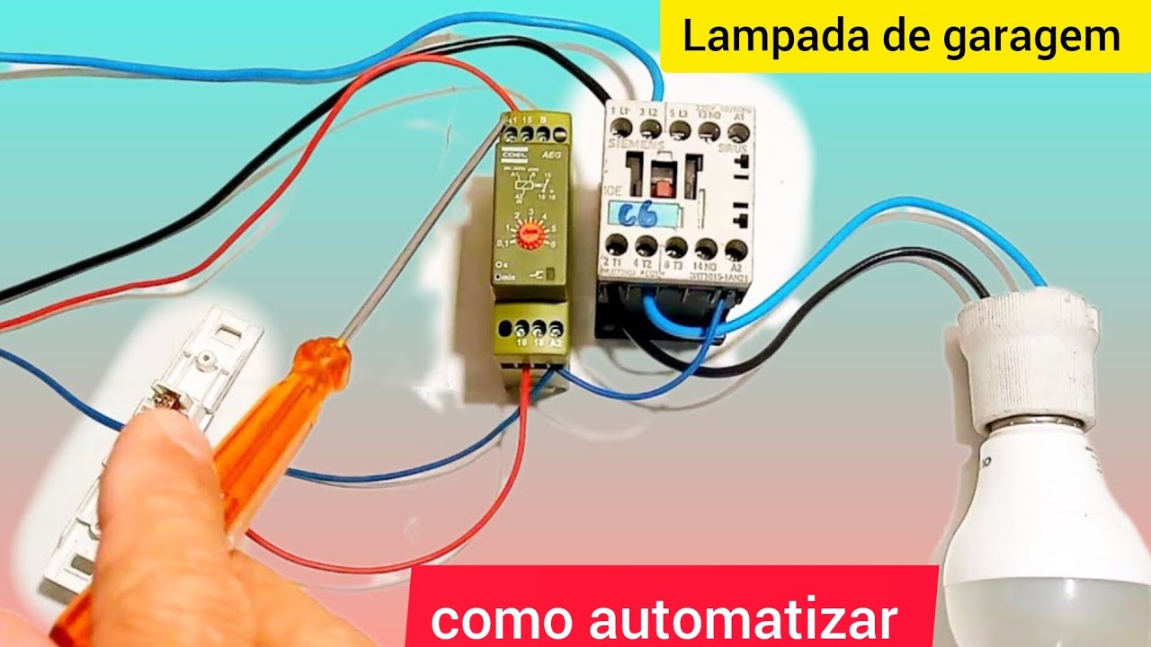 Como automatizar lâmpada de garagem usando botão pulsador de campainha relé temporizador e contator