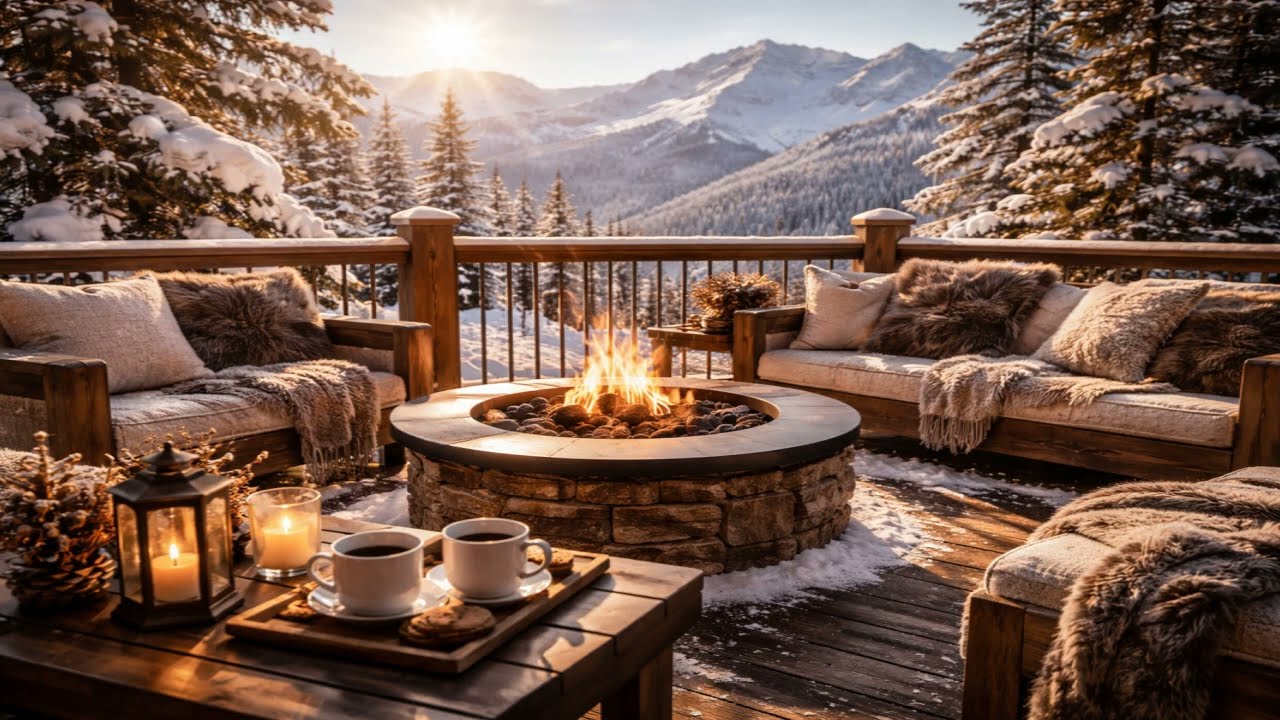 Cozy Winter Jazz with Fireplace & Mountain View | Relaxing Background Music