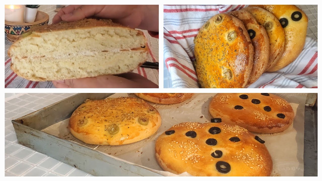 خبز قطني بدون دلك بالسميد و الزيتون🥖Pain sans pétrissage à la semoule et olives