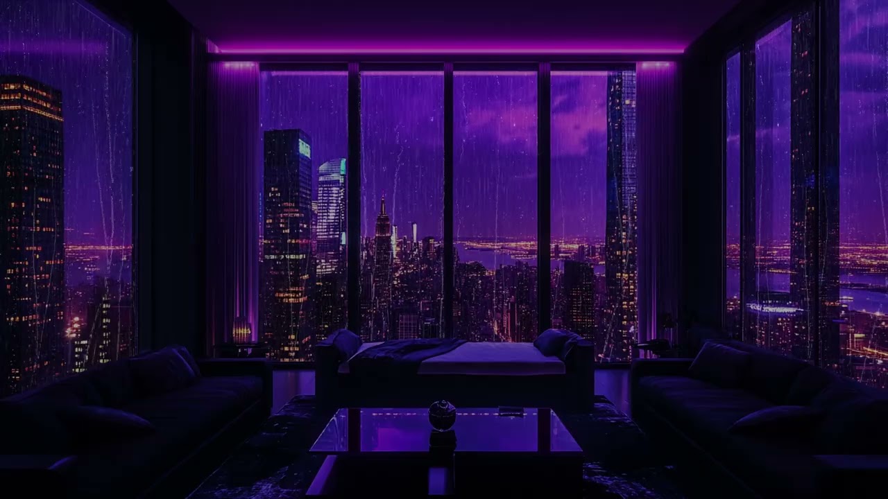 Rainy NYC Night 🌧️ Luxury Purple Neon Bedroom with Calm Rain Sounds