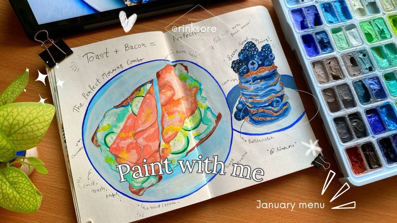 Paint with me using Miya HIMI gouache - 🧁🫐Food illustration ( blue food edition) 💙🫐🍇🧁