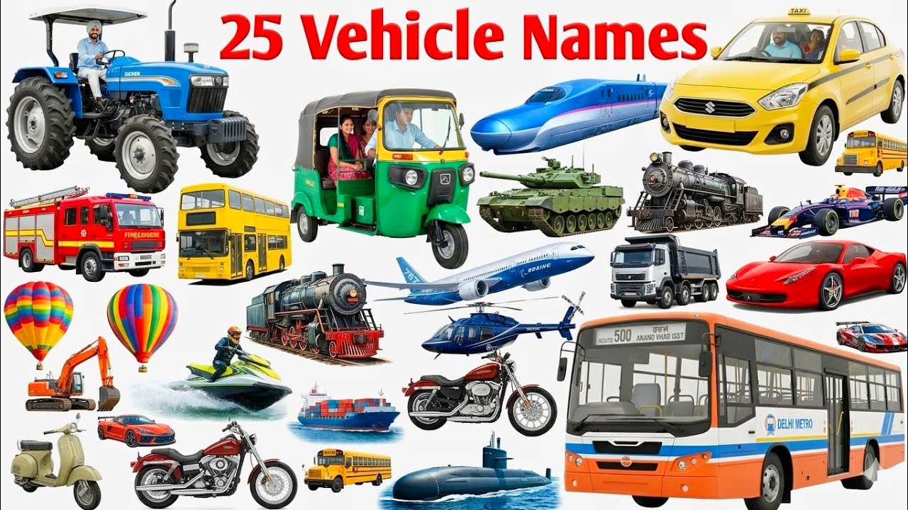 25 Vehicles Name in English and Hindi | वाहनों के नाम | Vehicles for Kids Learning 🚗✈️
