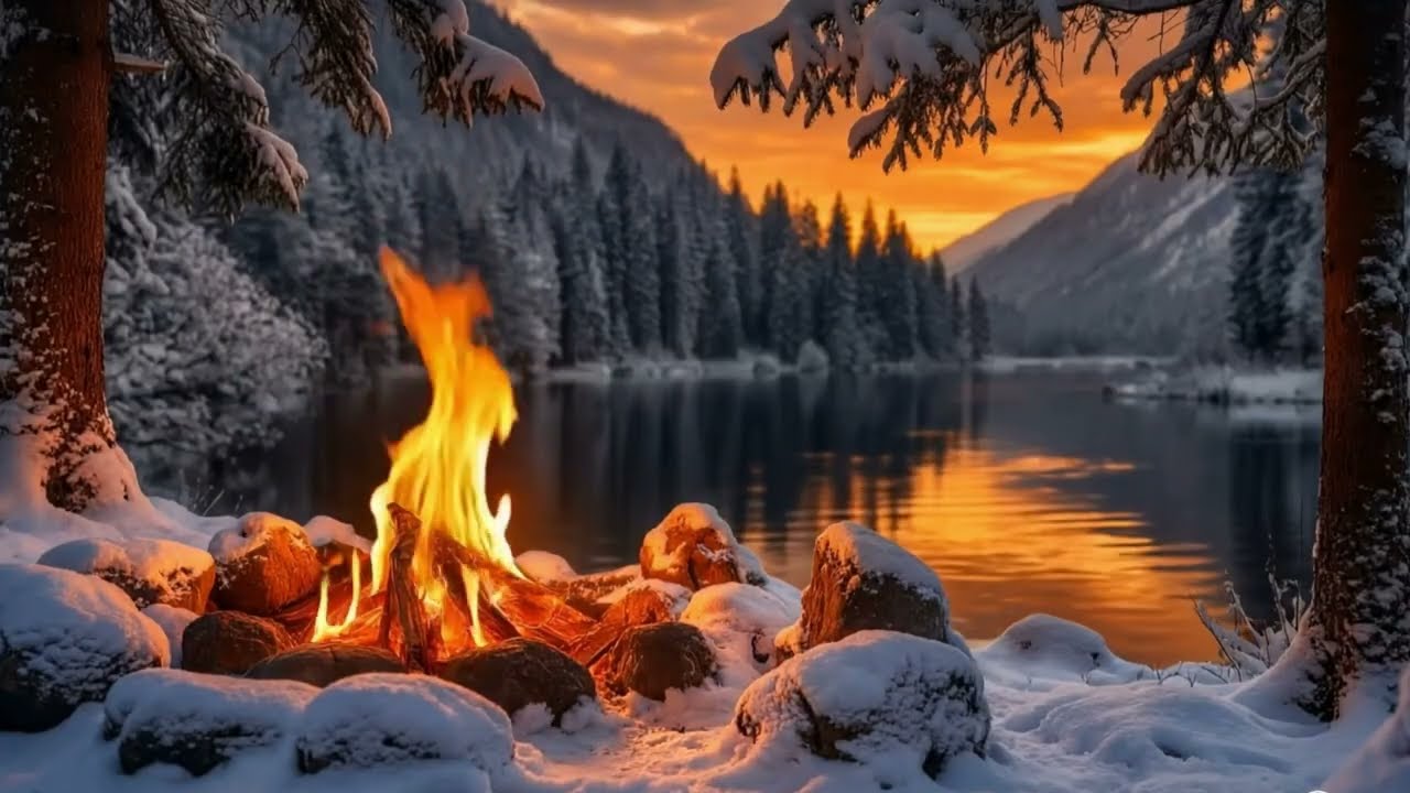 🔥 Cozy Winter Campfire by the Lake – Soothing Flames & Quiet Evening Ambience.