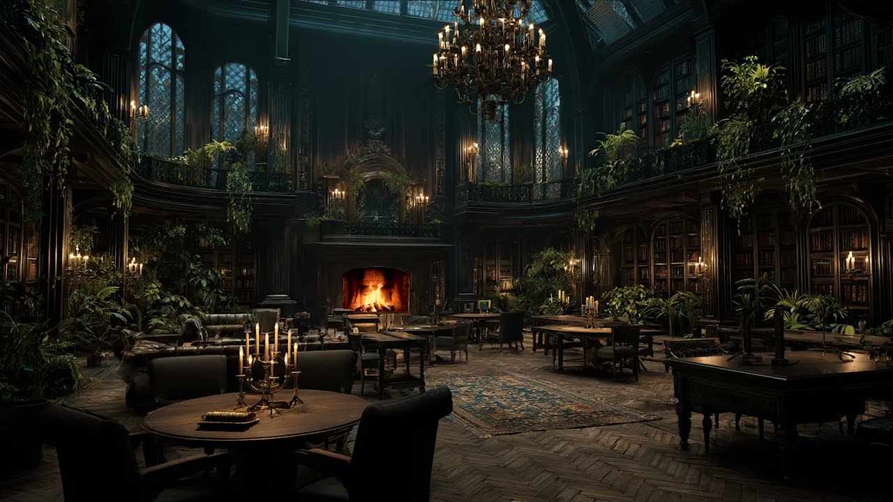 Gothic Library Ambience - Rain, Thunderstorm, Crackling Fireplace Sounds for Sleep and Relaxation