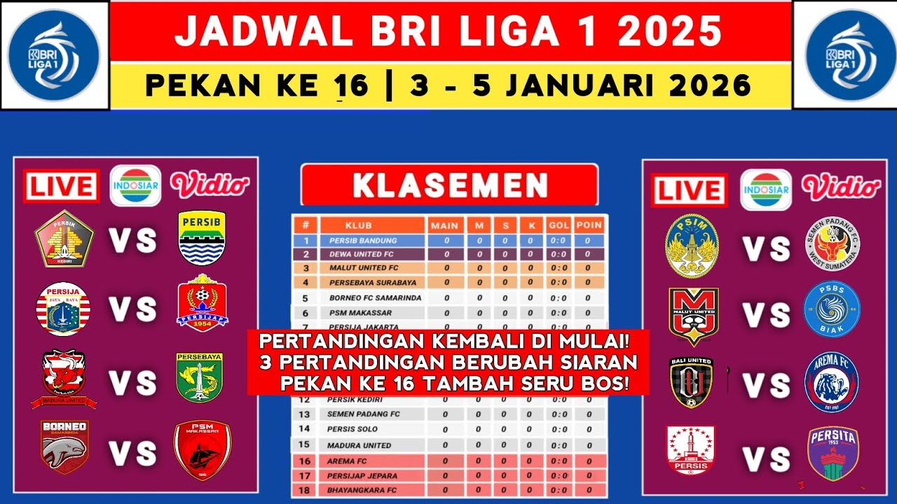 BERUBAH! Jadwal Liga 1 2025 Pekan ke 16 - Persik vs Persib - Persija vs Persijap - Liga 1 Indonesia