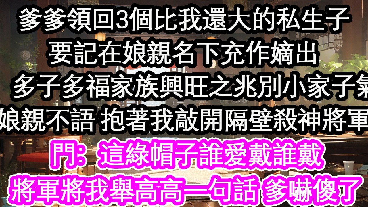 爹爹領回3個比我還大的私生子要記在娘親名下充作嫡出：多子多福家族興旺之兆別小家子氣娘親不語 抱著我敲開隔壁殺神將軍門：這綠帽子誰愛戴誰戴將軍將我舉高高一句話 爹嚇傻了【花開】【愛情】【生活】