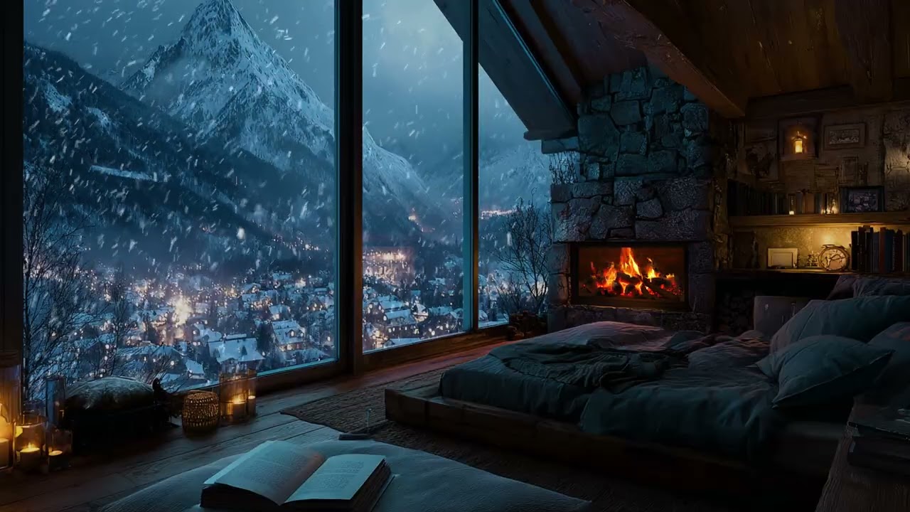 Cozy Winter Fireplace Night with Falling Snow for Sleep and Relaxation ❄️