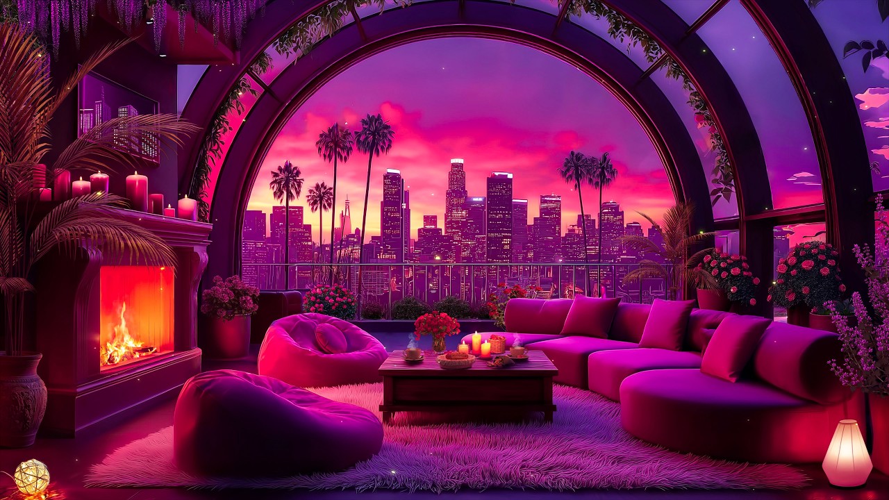 Romantic Neon Sunset Skyline 🌆 Smooth Jazz Music for Relaxing Evening Ambience
