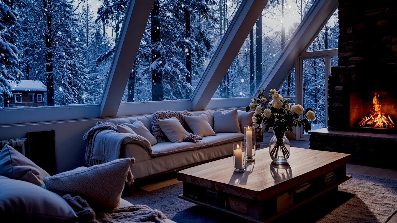 Winter Piano Music for Stress Relief at Night – Snowy Window,  Fireplace to Calm Racing Thoughts