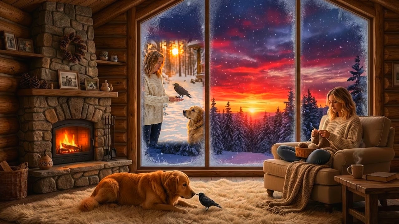Cozy Cabin Lofi w/ Heartwarming Photos - Golden Retriever & Baby Crow [1 Hour]