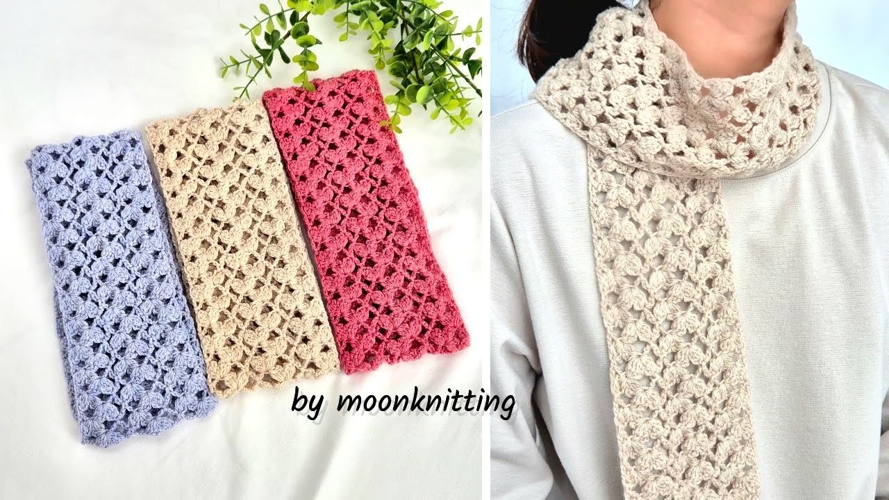 [코바늘 머플러]버들하트 머플러♡가볍고 사랑스러운 간절기 머플러, crochet muffler/moonknitting