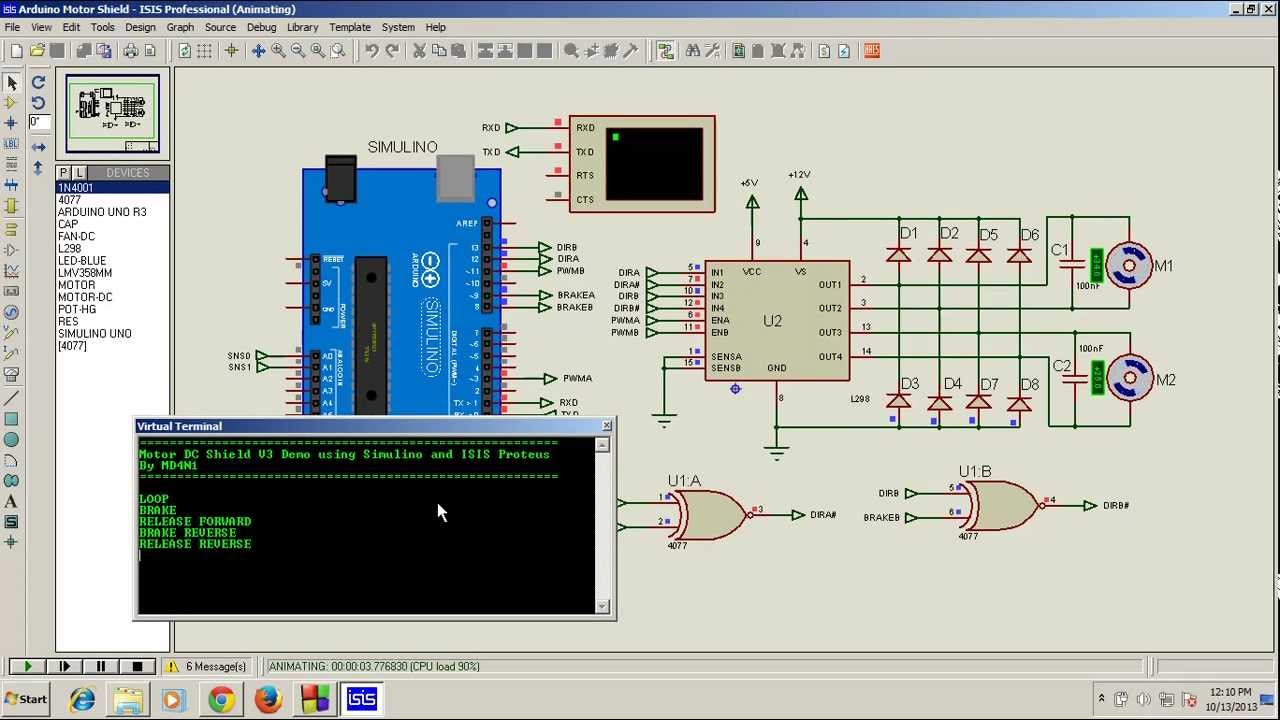 Motor Shield Demo using Simulino Uno and ISIS Proteus 7.9