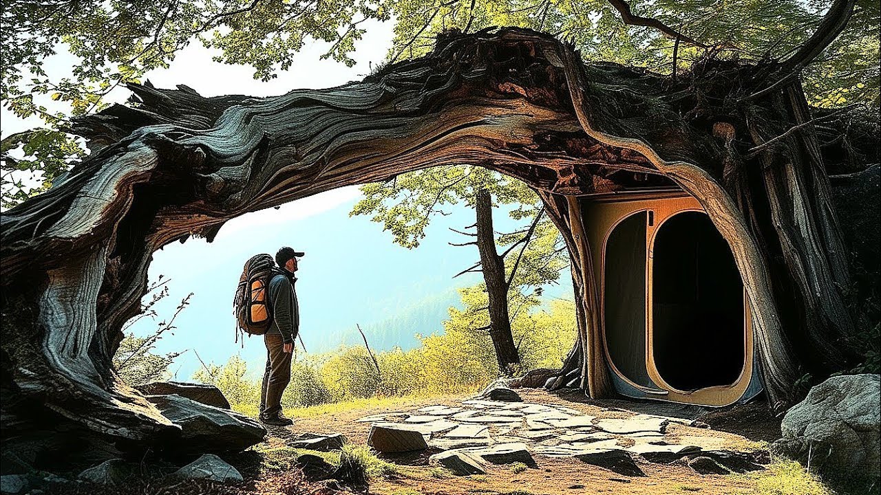 Shelter with a fallen ancient tree deep in the forest