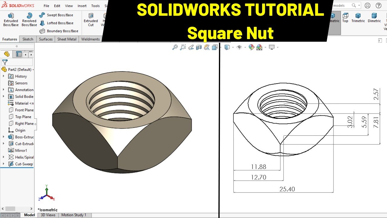 3D CAD of Squared Shape nut in solidworks | CAD with Mohsin
