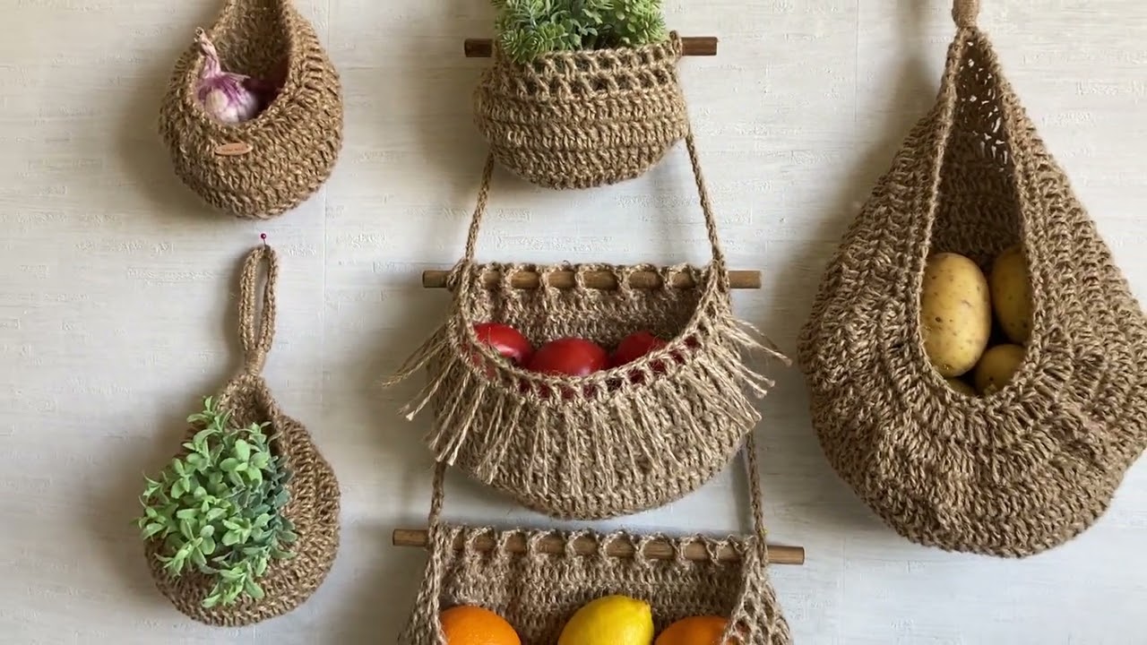 Kitchen Storage Set 6 Wall Hanging Fruit Basket Cottage Decor Rustic Style Ecofriendly Biodegradable