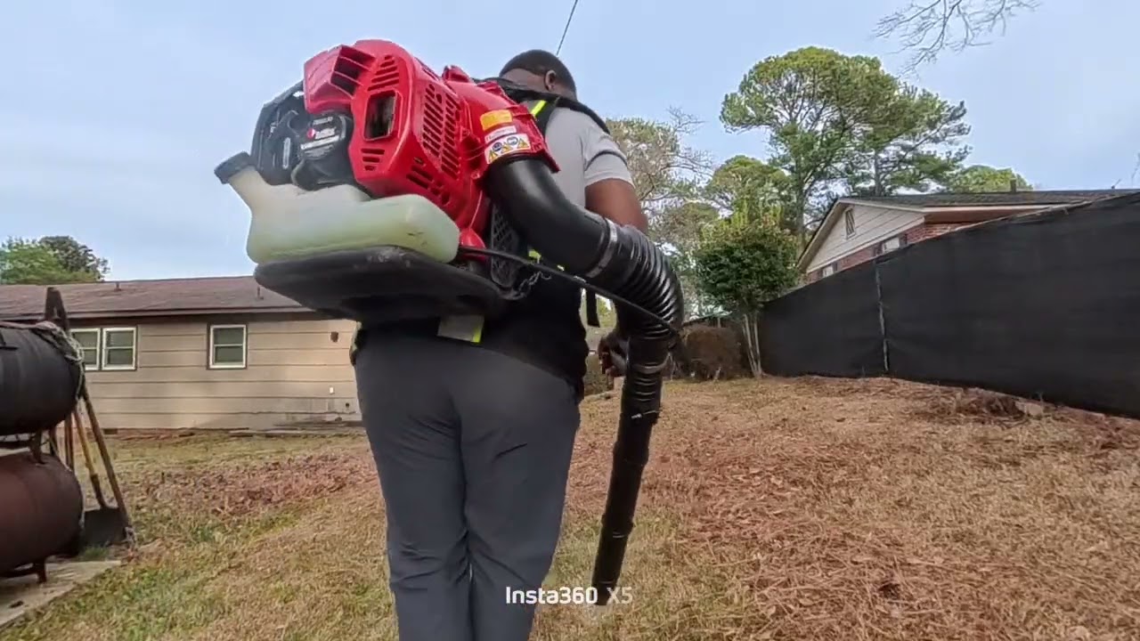 Finishing up yardwork after eight hour shift