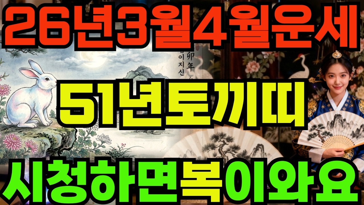 [51년토끼띠26년3월,4월운세]시청하면복이오는1951년신묘생토끼띠26년3월,4월운세