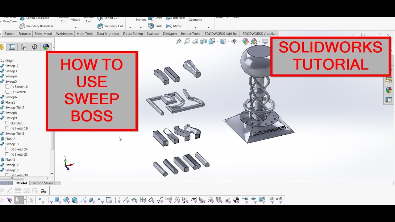 Swept Boss Base - How to use - Solidworks Tutorial - guide curves, paths, thin & twist along path