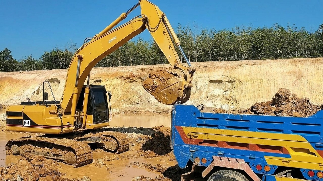 Excavator Digging in Deep Mud: Loading Blue Dump Truck