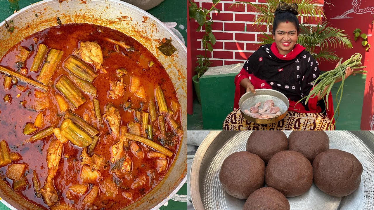 Chicken,munakkai,dosakai curry & ragi Sanghati mudda