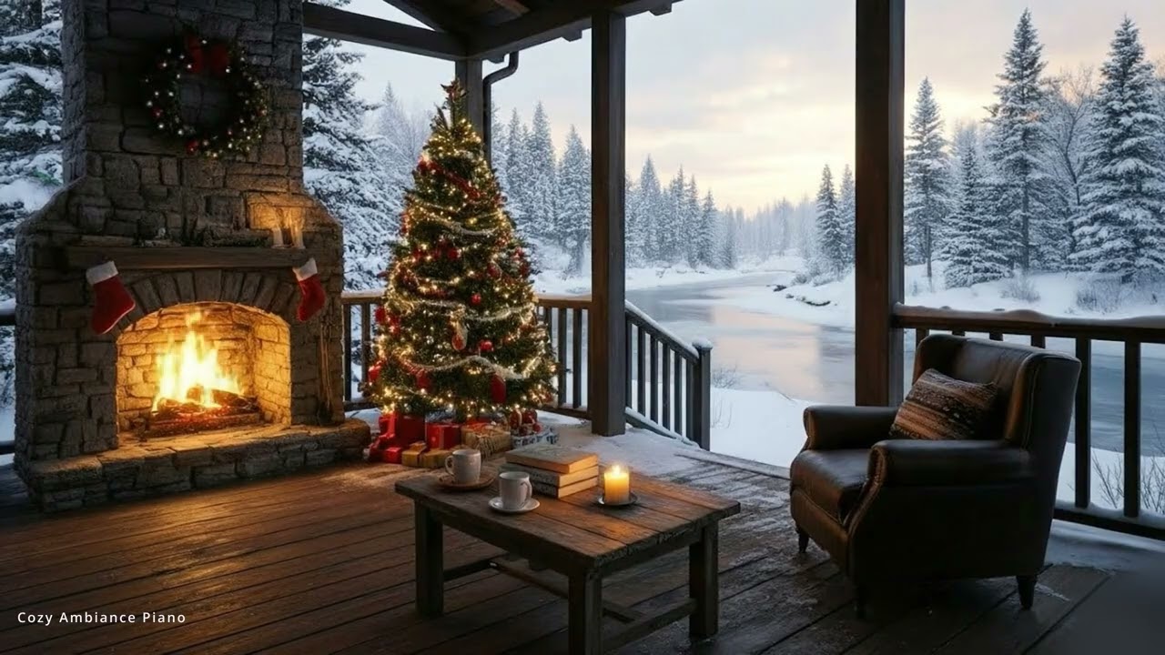 Cozy Christmas Fireplace on the Porch ❄️🔥 Soft Piano with Snowy Forest and River