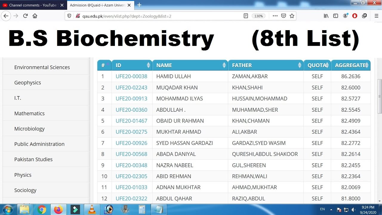 Quaid-e-Azam University | B.S Biochemistry Eighth Merit List 2020