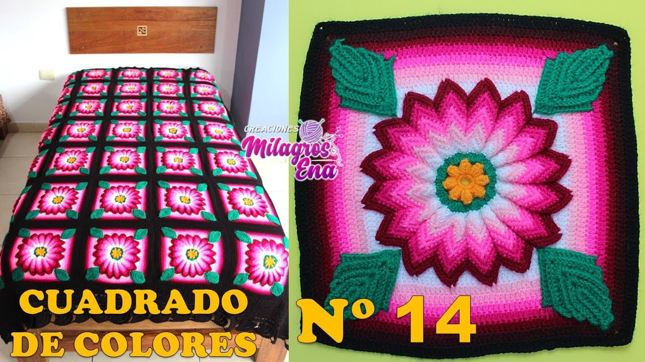 Como tejer el Cuadrado o muestra de colores N° 14 a crochet para colchas y cojines paso a paso