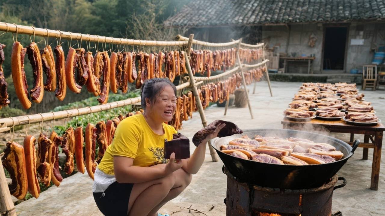 老罗突然想吃腊味儿，小曾立马安排了腊肉和腊猪皮，满满一大桌，老罗直接吃爽了！#农村生活#美食