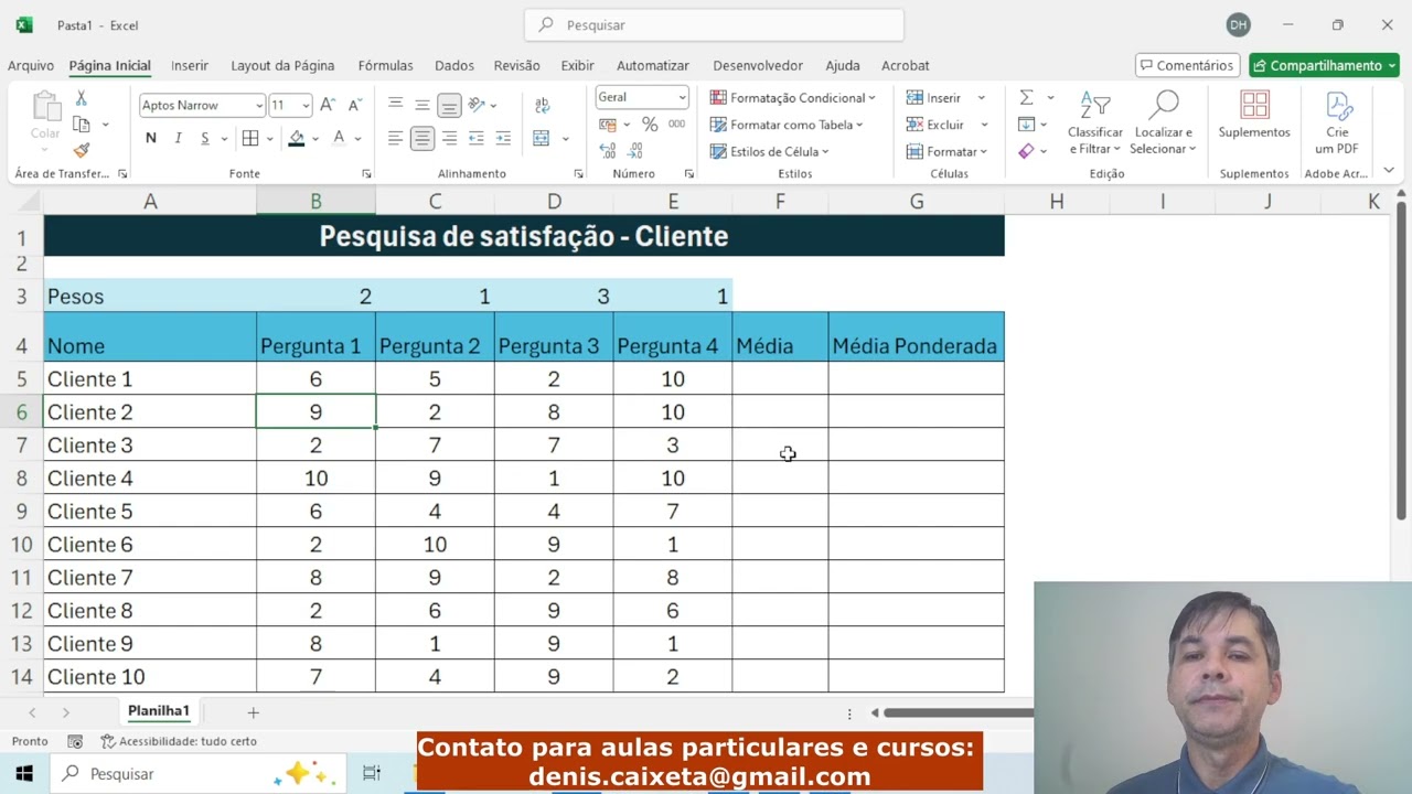 EXCEL - Construindo uma planilha com as médias das notas de uma pesquisa de satisfação - Cliente.