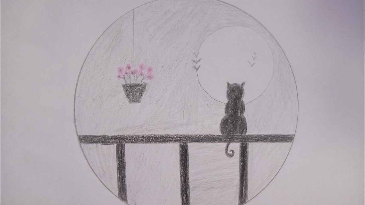 Simple Moonlight Scenery Drawing #catdrawing#Drawing#Drawnbylady